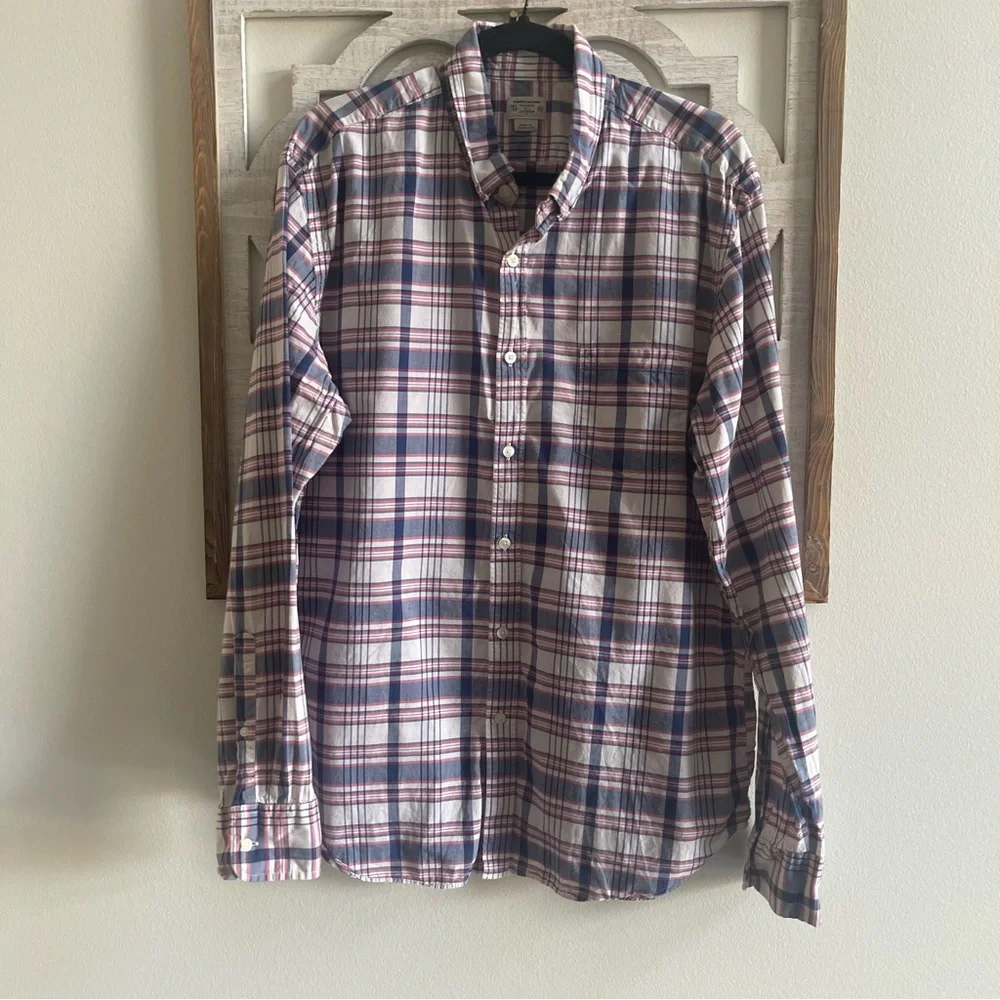 J.Crew Summer Plaid Shirt Mens‎ XL Blue Red White Cotton Button Down Tailored